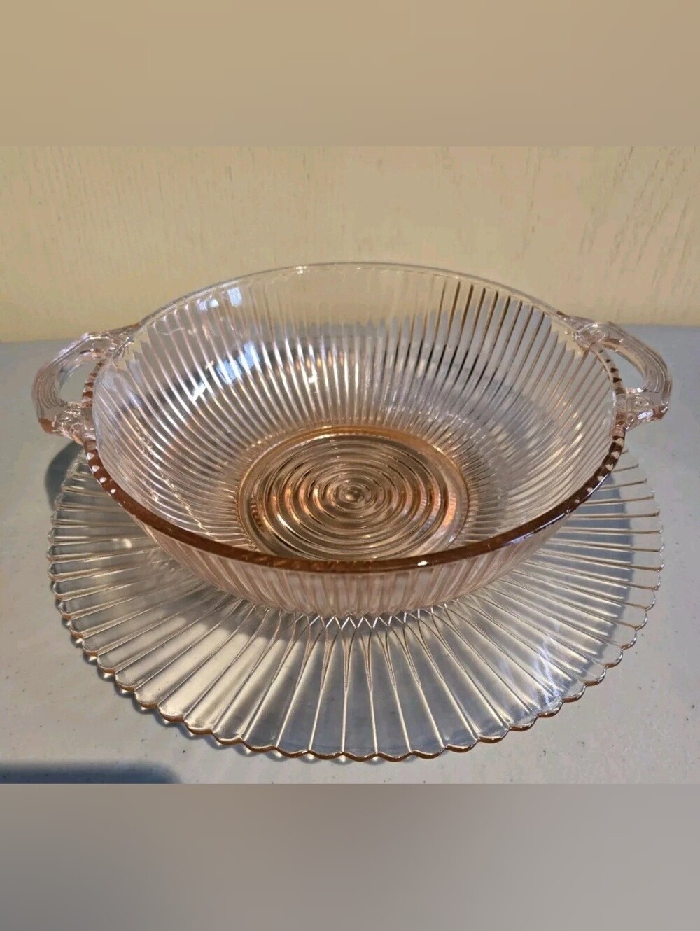 Macbeth-Evans Pink Glass Petalware Handled Bowl & Platter